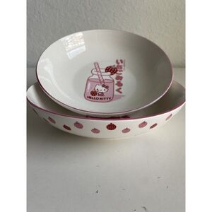 Set Of 2 Hello Kitty Strawberry Milk Pasta Dinner Bowl Ceramic‎ Pink NEW